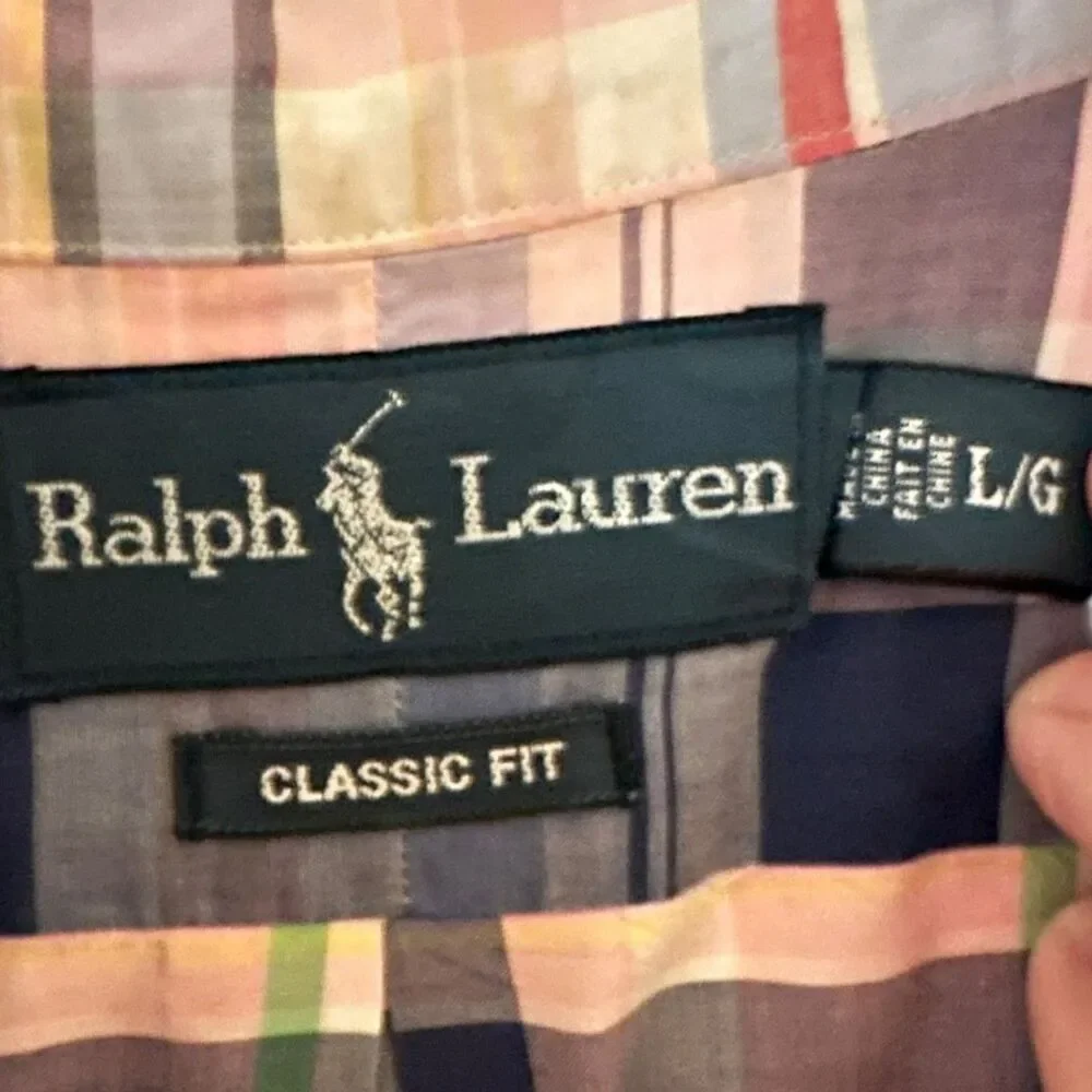 Ralph Lauren Classic Fit Pastel Pink,‎ Blue, Green Plaid Button Up Shirt Size L